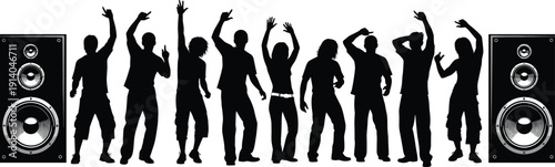 Black silhouette of people dancing at party with speakers, crowd enjoying music club event, disco celebration vector illustration, isolated,