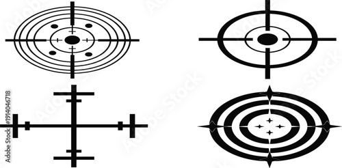 Target Crosshair Icon Set with Aim, Focus, and Precision Scope Symbols for Shooting, Marketing Strategy, Goal Setting, and Technology Design