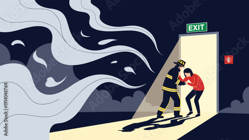Brave firefighter helps a woman escape from a dark, smoke-filled room towards a bright doorway marked with a green exit sign.
