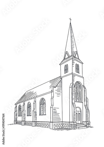 Architectural Elegance of a Church: A striking illustration of a church, showcasing its architectural grace with intricate details, highlighting its spire, arched windows, and overall design