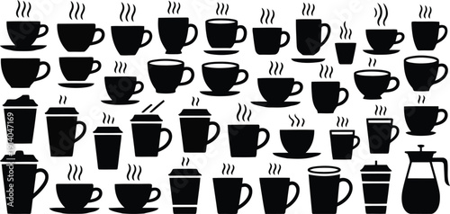 Extensive selection of black silhouettes featuring various coffee cups, mugs, and steamy beverages