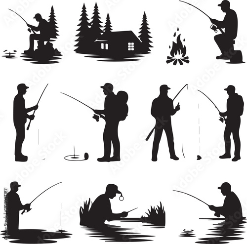 black silhouettes of people fishing in various poses on white background