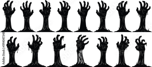 Black zombie hands reaching from ground set, horror halloween spooky undead arms collection, graveyard rising corpse vector illustration, isolated white,