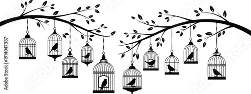 Black silhouette of birds in cages hanging from tree branches, decorative garden nature elements, cad drawing flat vector illustration, isolated.