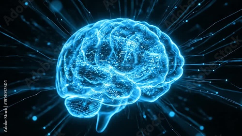Glowing blue brain with ethereal connections emanating outwards in the dark