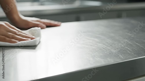 Hands wipe a stainless steel surface with a white cloth, emphasizing hygiene and cleanliness in a sterile environment