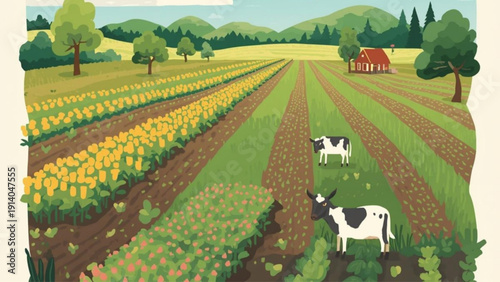 Serene farm landscape with cows and crops in picturesque countryside