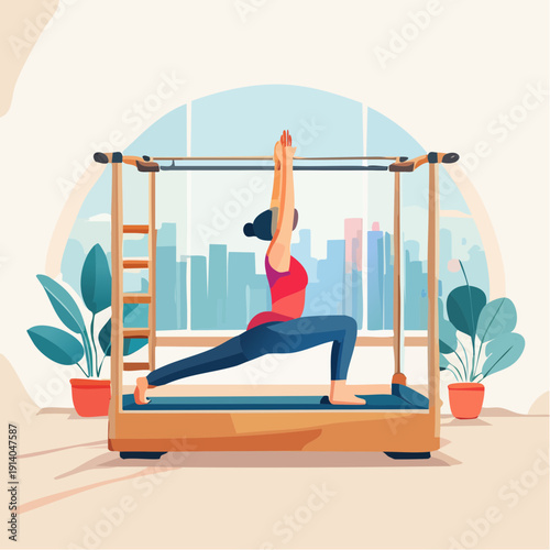 Woman Practicing Yoga on a Pilates Reformer in a Bright Modern Studio with City Views, Promoting Wellness and Healthy Lifestyle