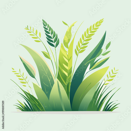 Vibrant green lush foliage and blades of grass illustration