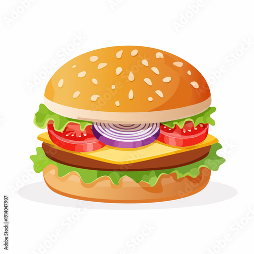 Deliciously stacked classic American hamburger with fresh vegetables and sesame seed bun illustration