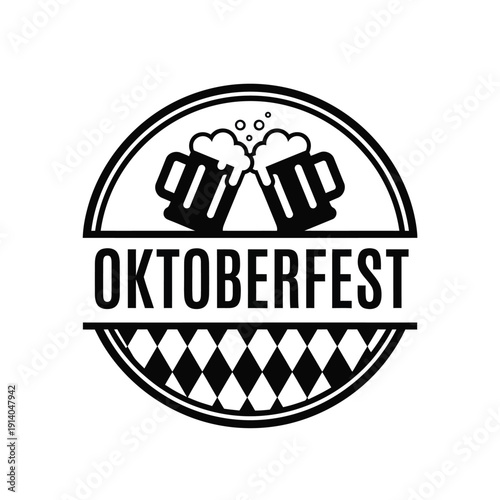 Vector illustration icon black and white oktoberfest logo with beer mugs and checkered pattern