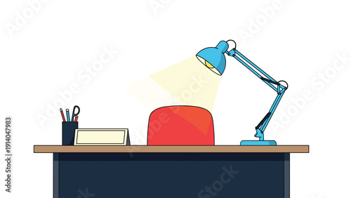 Desk lamp illuminates a workspace with a red organizer and stationary items on a wooden table in a minimal interior setting.