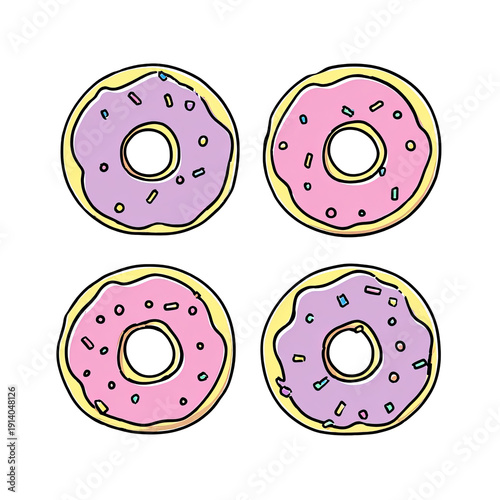 Cartoon donuts with pastel frosting and sprinkles on a black background