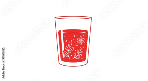 Stylized red drink in a clear glass featuring decorative white floral and leafy patterns on the outside, isolated on a white background.