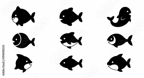 A collection of nine distinct black and white illustrations of stylized fish, showcasing various simple designs and playful character
