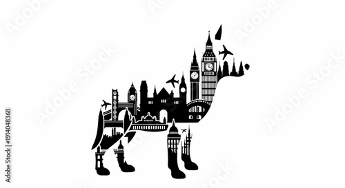 Whimsical black and white graphic depicting a dog's silhouette showcasing famous London landmarks and the spirit of urban exploration