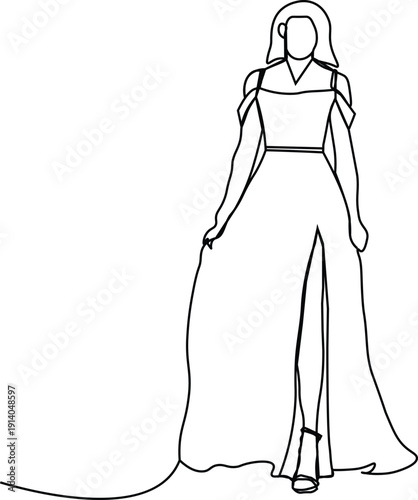 Elegant Fashion Woman Continuous Line Art Drawing. Minimalist One Line Sketch of Slender Model in Long Slit Dress for Luxury Branding, Bridal Beauty and Modern Style.