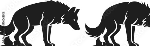 Wolf silhouette illustration set, wild predator animal poses, black vector design, wildlife logo concept, isolated white background, minimal style, graphic