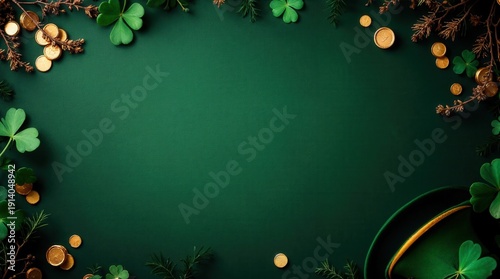 St. Patrick's Day flat lay with shamrocks, gold coins, and leprechaun hat on a green background. Irish holiday celebration with copy space