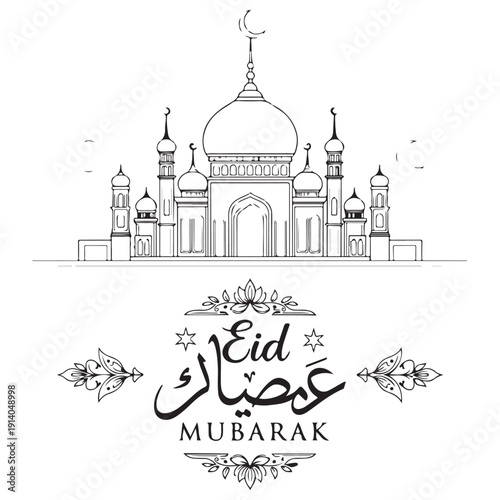 Elegant Black and White Line Art Illustration of a Grand Mosque with Domes and Minarets Featuring Eid Mubarak Calligraphy and Decorative Floral Ornaments for Islamic Holiday Celebrations