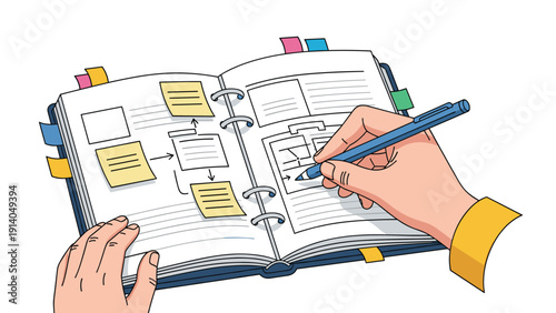 Close up view of hands writing in a personal organizer or notebook with colorful sticky notes and tabs for efficient task planning.