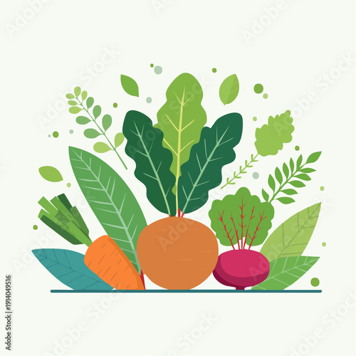 Vibrant assortment of fresh garden vegetables with lush green foliage, promoting healthy eating and natural produce