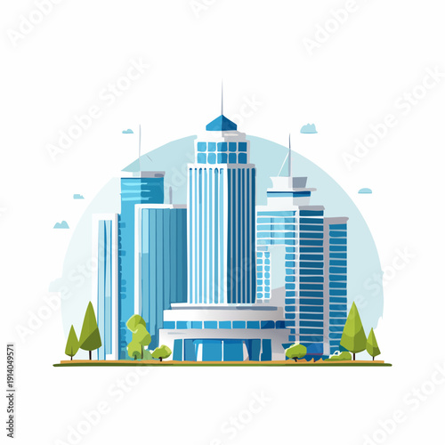 Modern City Skyline with Contemporary High-Rise Buildings and Green Urban Landscape Vector Illustration