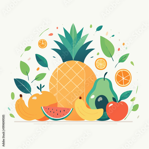 A lively and stylized illustration showcasing a delightful assortment of fresh, healthy fruits and lush greenery, embodying natural vitality