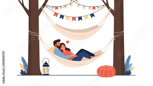 Happy couple enjoys a romantic moment while cuddling together in a comfortable hammock strung between two large trees outdoors.