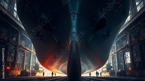 drydock. A massive cargo ship hull in drydock with workers as silhouettes. safety posters, maintenance manuals, designed for precision metalworking and fabrication facilities, used by engineers.