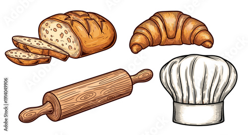 Baking Essentials Illustration with Bread, Croissant, Rolling Pin, Chef Hat