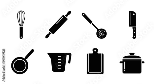 Kitchen tool icon set with whisk pan pot knife ladle board vector
