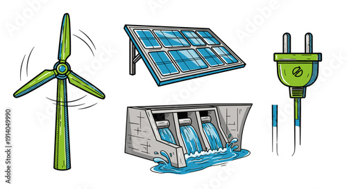 Renewable Energy Sources, Solar Panel, Wind Turbine, Hydro Power