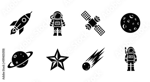 Space icon set with rocket astronaut planet satellite star meteor moon vector
