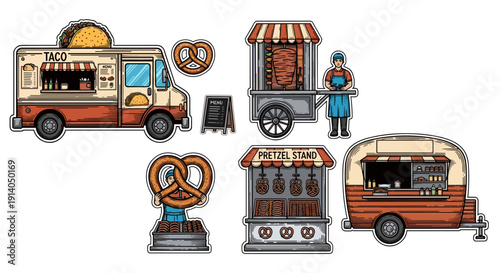 Colorful Food Trucks and Vendors Serving Tasty Street Food Options