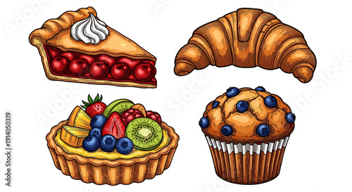 Assorted Baked Goods with Fruits and Pastry Items