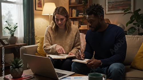 Two people engaged in collaborative work, a woman with a book, and a man with a notepad and pen, surrounded by home office elements