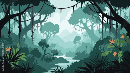 Lush green tropical rainforest with a winding river and distant mountains seen through a frame of dense foliage and vines.
