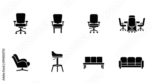 Chair and sofa icons set with office and lounge furniture vector
