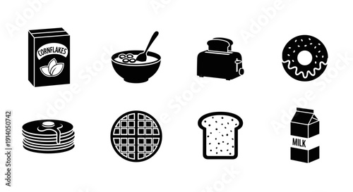 Breakfast icons set with cereal donut waffle bread and milk vector
