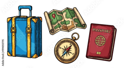 Travel Essentials, Suitcase, Map, Compass, and Passport for Adventure
