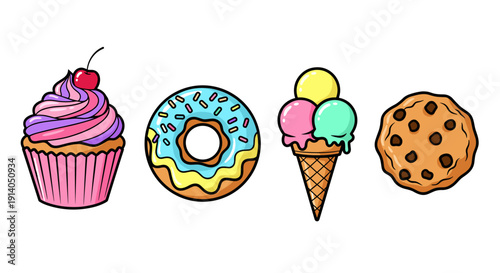 Colorful Desserts Lineup with Cupcake, Donut, Ice Cream and Cookie