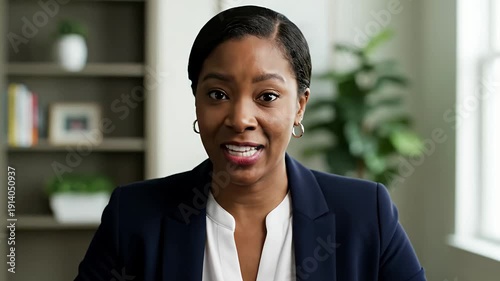 Woman in dark blue suit and white shirt speaks intently