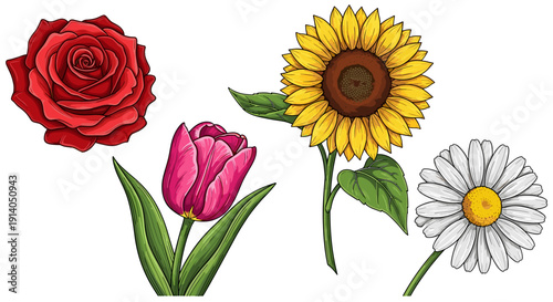 Colorful Roses, Tulips, Sunflowers, and Daisies 