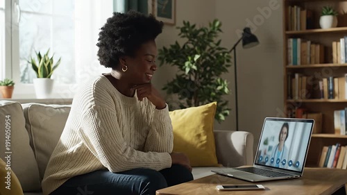 Woman in cozy room interacts with doctor via video call, learning and planning