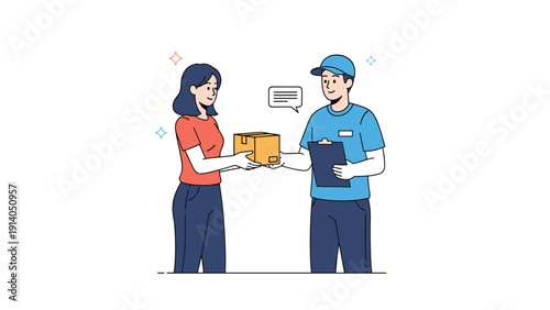Delivery man in a blue uniform hands over a package to a young woman while holding a clipboard for her signature at the door.