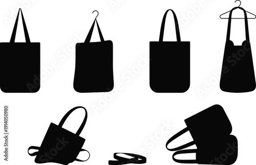 Black vector silhouette set of eco friendly reusable tote bags and cotton fabric shopping bags for retail branding sustainable fashion and environment conservation design,
