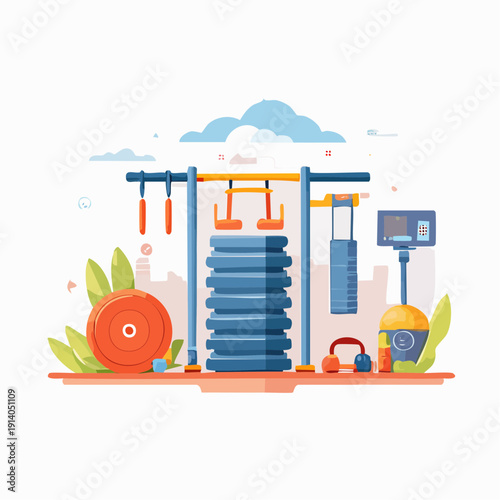 Gym interior with exercise equipment and weights