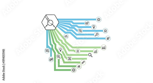 Artificial intelligence ecosystem circular workflow diagram vector illustrating machine learning, data input, neural processing, automation output, and continuous feedback loop in clean flat infograph