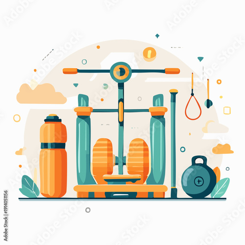 Fitness Equipment Illustration with Workout Gear and Gym Machine